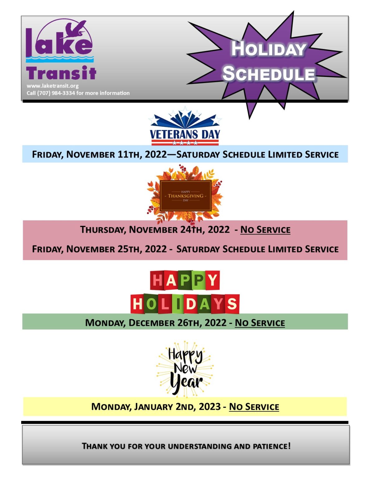Upcoming Holiday Schedule